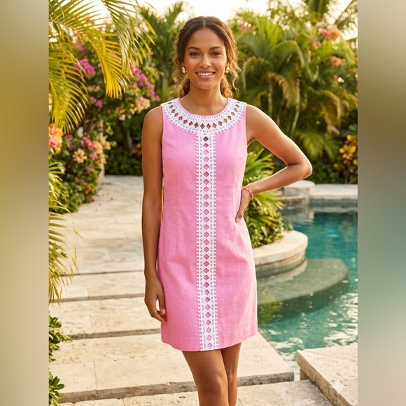 Lilly Pulitzer Dresses & Skirts - Take 50% OFF-Lilly Pulitzer Sleeveless Pink Shift Dress with White Crochet Sz-14